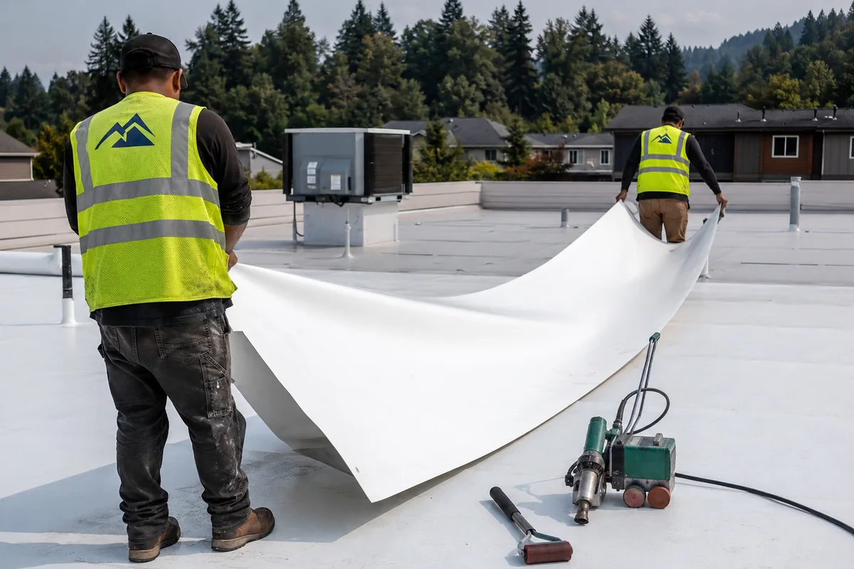 Commercial Roofing underway on a property in Issaquah, WA