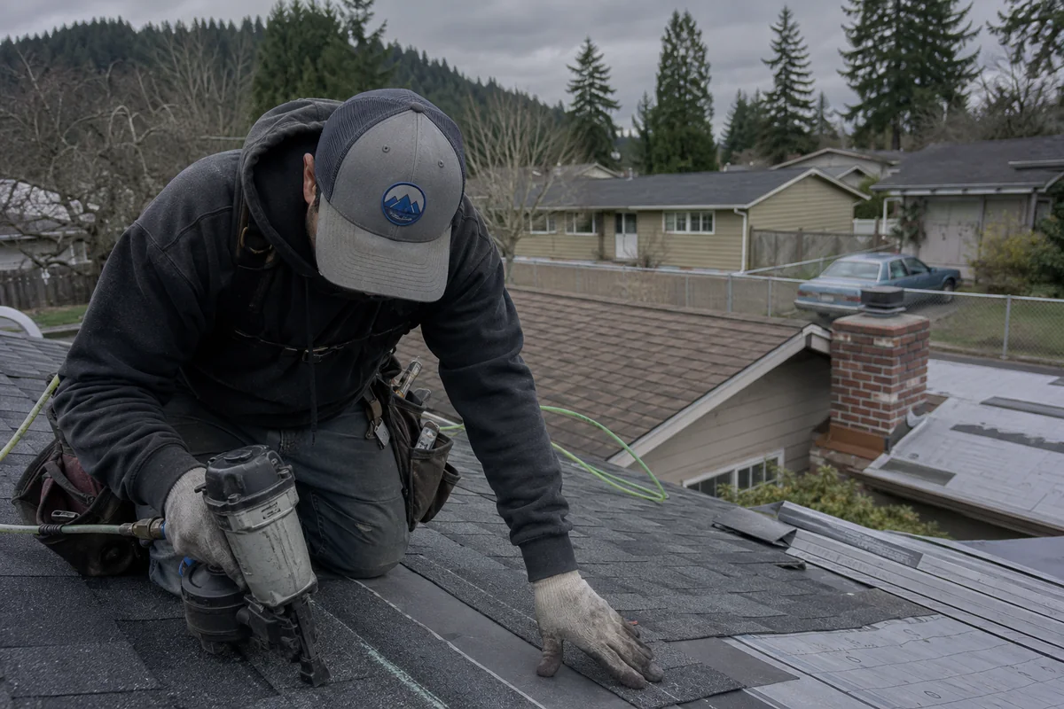 Roofing crew working on a property in Renton, WA