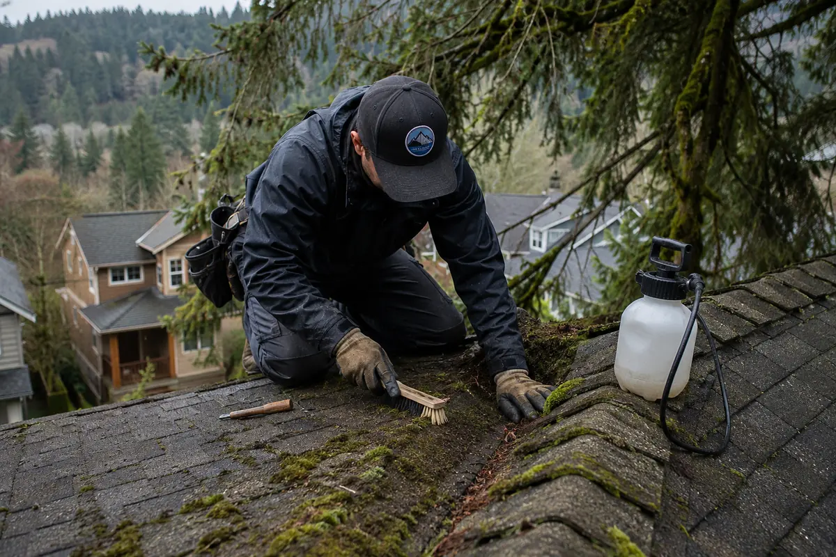 Roof Moss & Algae Treatment underway on a property in Issaquah, WA
