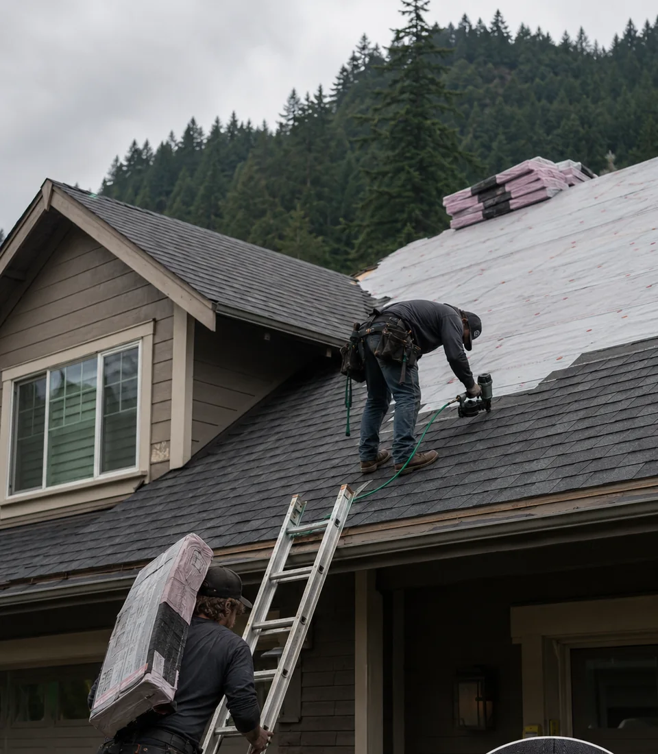 Roofing crew installing architectural asphalt shingles on a residential home in Issaquah, Washington