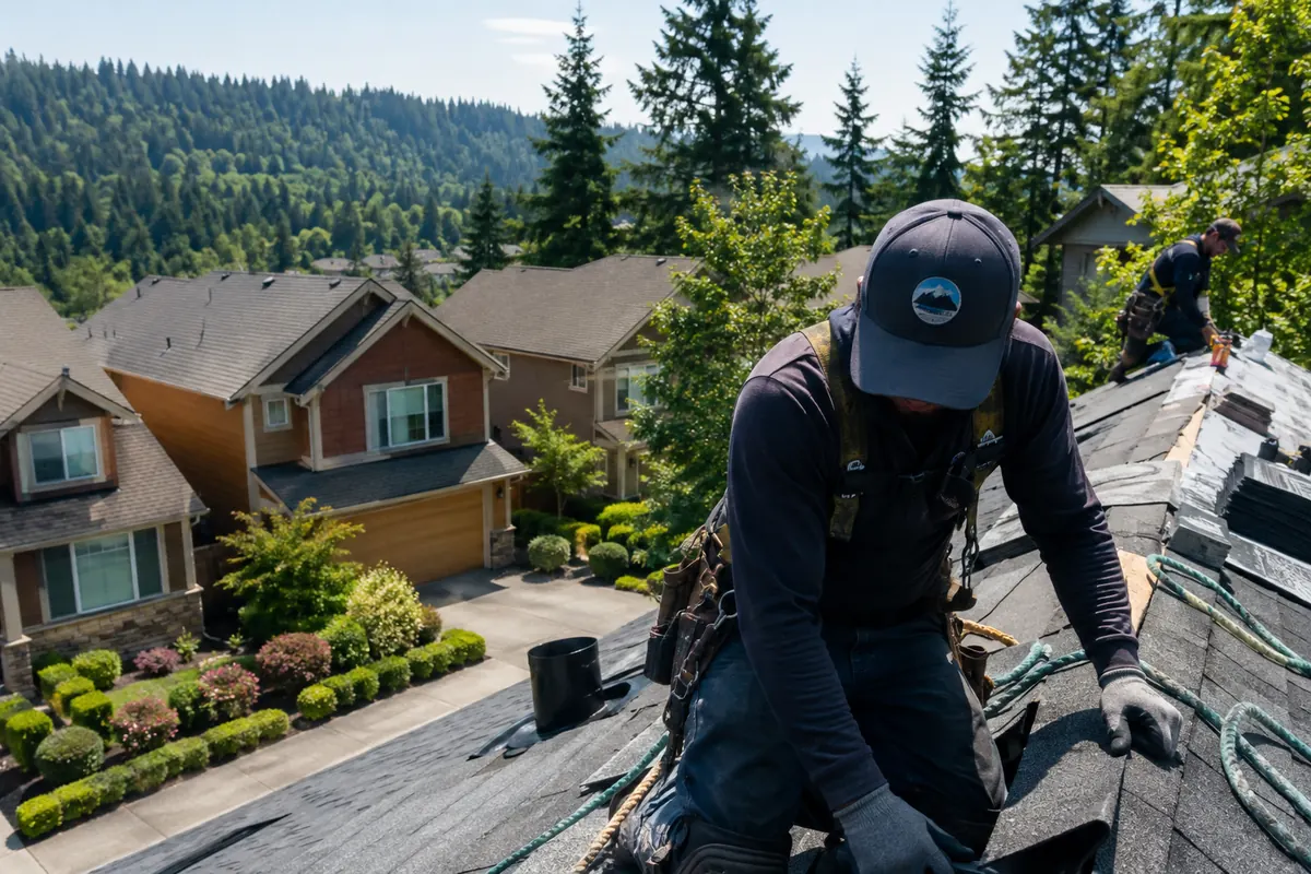 Roofing crew working on a property in Sammamish, WA