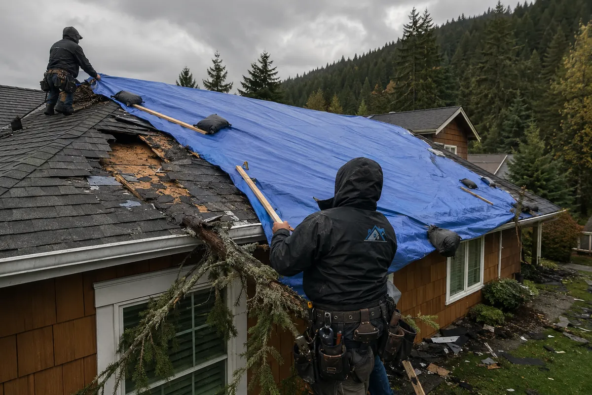 Storm Damage Roof Repair underway on a property in Issaquah, WA